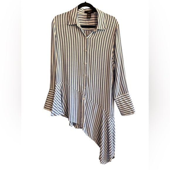 RAIN Woman's Striped Asymmetrical Hem Long Sleeve Button Down Shirt, Size L - Picture 1 of 7